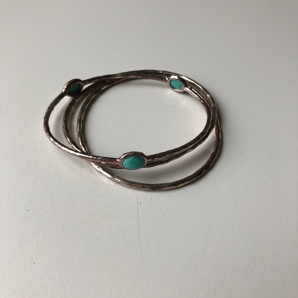 Set of 3 hammered silver bangles with turquoise